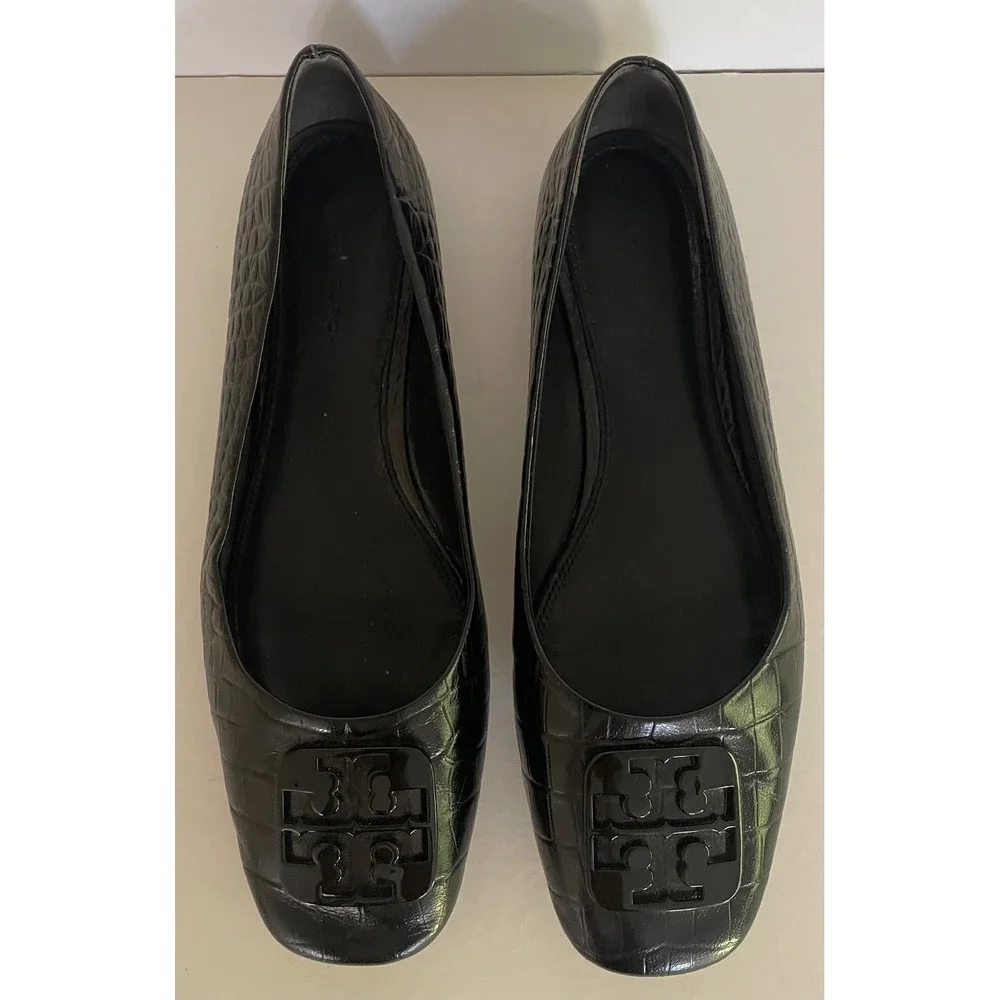 Tory Burch Georgia Black Croc Embossed Leather Square Toe Ballet Flats Career 8M